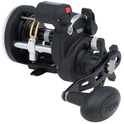 A fishing reel is shown from a side-diagonal angle against a white background.