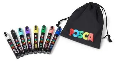 Dekoračný popisovač, sada, 1,8-2,5 mm, UNI "Posca Pouch PC-5M", 8 rôznych farieb, v puzdre