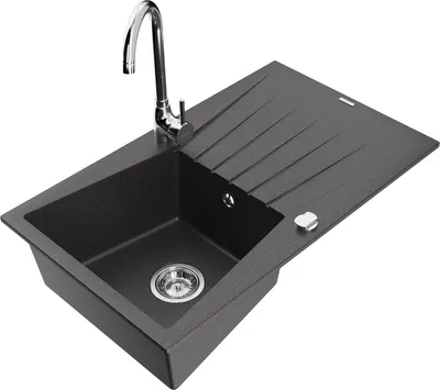 Produktbild von Mexen Cesar 1 Becken-Granitspüle mit Abtropffläche und Mischbatterie Telma, Schwarz gesprenkelt - 6514-76-670200-00