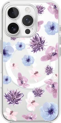 Image de iPhone 13 Pro Max Housse avec MagSafe, Transparent, Silicone Flexi, Bleu, Fleurs violettes