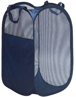 Immagine prodotto di Grande cesto portabiancheria con rete, blu navy, comodi manici, compatto