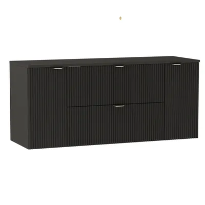 A dark gray vanity cabinet with fluted fronts and metal handles, presented against a white background.