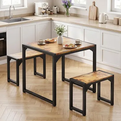 Produktbild von Esstisch mit 2 Bänken, 3-teiliges Esstisch-Set, Küchentisch 65x65x76cm, 2 Bänke je 30x50x45cm, kompaktes Esstisch-Set aus Metallrahmen für Küche & Esszimmer, Retro