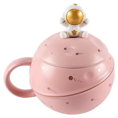 Keramik-Astronautenbecher mit Deckel und Löffel, rosa