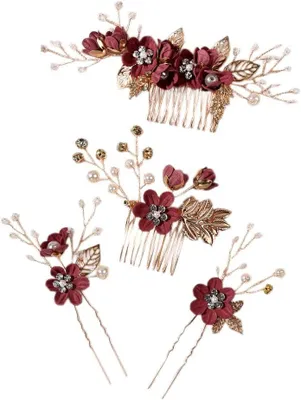 Produktbild von 4 Stück Brauthaarschmuck für die Hochzeit, U-förmige Haarspangen mit Blumen und Perlen, Haarnadelklemmen für Bräute und Brautjungfern, Dunkelrot