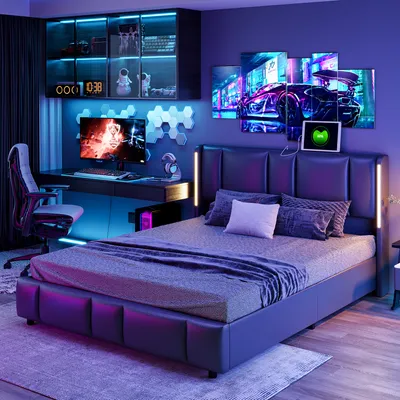 Image de CDGlobal Lit rembourré 140x200cm lit de rangement avec LED, USB,Type-c, lit double boxspring avec sommier à lattes et espace de rangement, lit fonctionnel lit de jeune, PU, noir