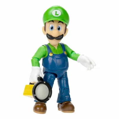 A full-body shot of a Luigi action figure holding a yellow flashlight.