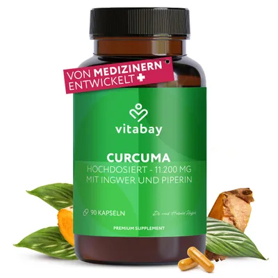 Produktbild von Vitabay Kurkuma Kapseln hochdosiert – 90 Vegane Tabletten mit 500 mg Curcuma & Piperin – Kurkumin Extrakt – Curcumin Supplement – 1 Kapsel täglich