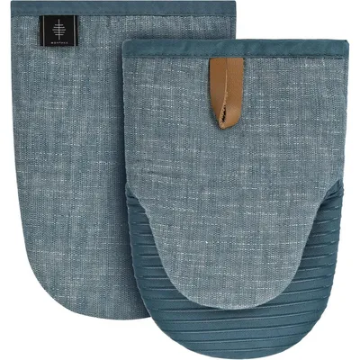Productafbeelding van Ovenwanten, mini formaat, potwanten, katoen met antislip siliconen, gestreept, set van 2, blauw