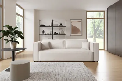 A modern living room with a cream sofa, a plant, and a bookshelf.