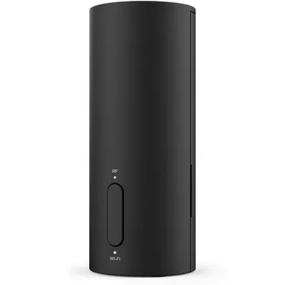 A black cylindrical electronic device with two indicator lights and a button.