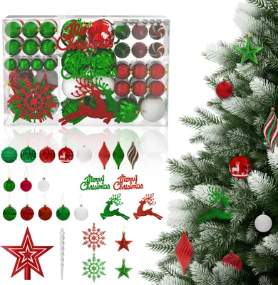 Image de LARS360 Set de 108 boules de Noël rouge-vert-blanc, boules de sapin de haute qualité, décoration de Noël pour l'intérieur et l'extérieur, décoration brillante pour les jours de fête