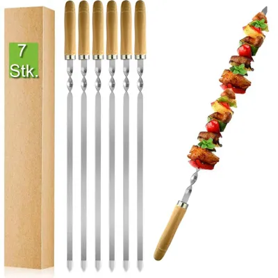 Produktbild von Premium 7er Set Edelstahl Grillspieße 55 cm – extra stabile 2 mm Flachspieße – rostfrei, wiederverwendbar – perfekt für BBQ, Grill & Camping