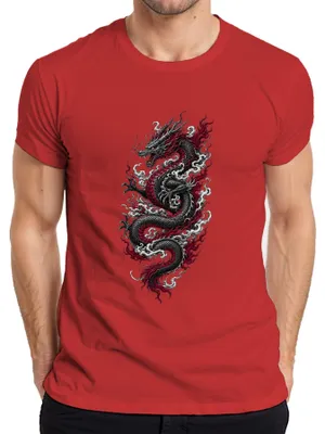 Produktbild von Japanischer Drache Asia Tattoo Style Rot Schwarz Japan Y2K Ryu Herren T-Shirt, Rot, M