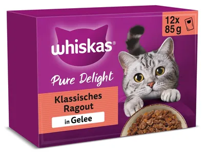 Produktbild von WHISKAS PURE DELIGHT Nassfutter in Gelee 12 x 85g Klassisches Ragout (4 Packunge