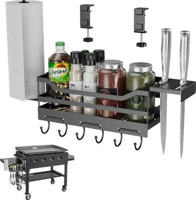 Produktbild von Edelstahl-Grillplatte 71-91cm, schwarz, mit Ablage und Messerhalter