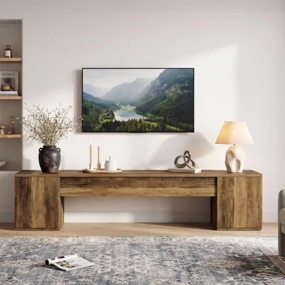 Obrázek produktu pro 220 cm, extra dlouhý televizní stojan s 2 zásuvkami, barva hnědá. Nízká televizní komoda v rustikálním stylu s dvířky, televizní nábytek z dřeva