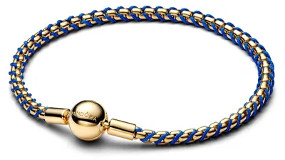 Obrázok produktu pre Náramok Pandora s modrou šnúrkou a retiazkovým vzorom, pozlátený 14-karátovým zlatom, 563816C02 – 18 cm