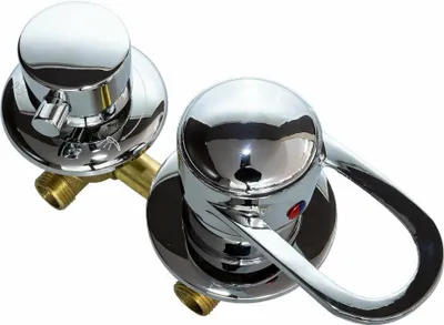 A close-up studio shot of a chrome faucet with two handles against a white background.