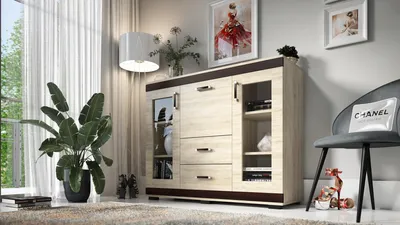 Produktbild von Kombikommode P27, 2 Vitrinentüren, 2 Schubkästen, Barschrank, B130xH106xT43 cm, komplett vormontiert - Sonoma Eiche