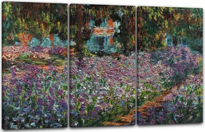 Produktbild von Leinwandbild 3-teilig (120x80cm): Claude Monet - Des Künstlers Garten Schwertlilien, echter Holz-Keilrahmen inkl. Aufhänger, handgefertigt in Deutschland