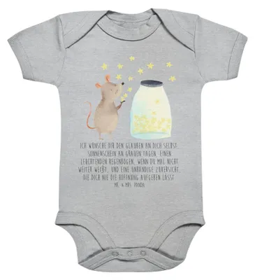 Produktbild von Mr. & Mrs. Panda Strampler Baby Maus Sterne 1. - 3. Monat - Heather Grey - Geschenk, babykleidung body, Schwangerschaft, Geburt, Babybody, Geburtstag, Lustige Sprüche