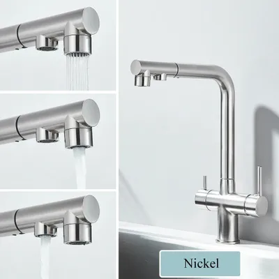 Immagine prodotto di Miscelatore per cucina con due rubinetti – Doccetta estraibile – Acqua calda e fredda – Filtro per acqua potabile – Finitura in nichel spazzolato