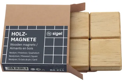 Produktbild von SIGEL BA211 Holz-Magnete - quadratisch - bis zu 14 Bl. (A4, 80g/m²) - 3,3 x 3,3 cm - beige - 4 Stück