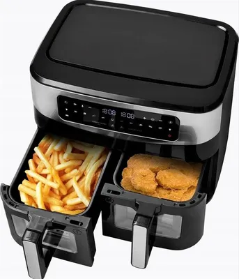 Zdjęcie produktu dla Beztłuszczowa frytownica XXL o pojemności 10 litrów, podwójna szklana frytownica AIR FRYER o mocy 2600 W, dwie szuflady, programy automatyczne