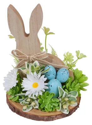 Produktbild von Osterhasen-Dekoration aus Holz, rustikaler Landhausstil, künstliche Blume, buntes Ei, Hasen-Tischschild, Schreibtischdekoration