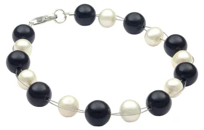 Produktbild von Armband aus Süßwasser Zucht-Perlen creme weiß & Onyx Kugel schwarz 925 Silber 20cm Armschmuck Armkette Damen