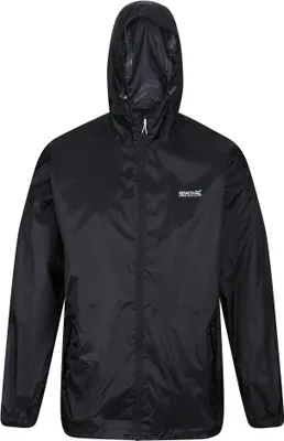 A black Regatta men's rain jacket with a hood, shown front-on against a white background.