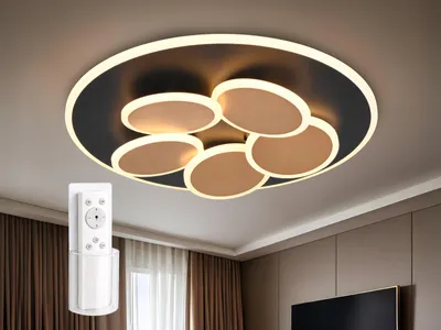 Produktbild von LED Deckenleuchte mit Fernbedienung, Tageslichtlampe flach, Schwarz Gold Ø 48cm