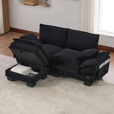 Obrázok produktu pre okwish modulárna pohovka pre 2 osoby s jedným taburetom, ergonomicky široká sedacia plocha, relaxačná pohovka s USB-C portom, pohovka do obývačky s bočnými vreckami, materiál: manšestr, farba: čierna