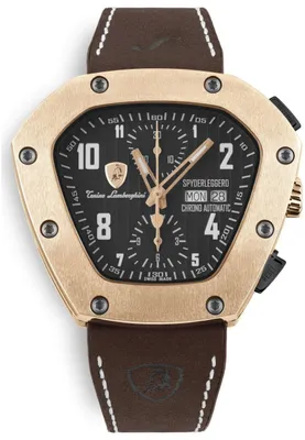 A close-up studio shot of a men's chronograph watch with a gold-toned case and a black dial, featuring a brown leather strap.