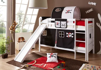 Produktbild von Etagenbett mit Rutsche "Lupo" Buche massiv Weiß Motiv (Pirat Schwarz-Weiß)