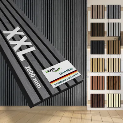 Produktbild von HEXIM Akustikpaneele 10 Stück 280x30cm Holz Grande - XXL Wandpaneele Platten Lamellen Holzpaneele Echtholzfurnier 21mm Filz Schalldämmung MDF Grau (8,41m² Grey Ash)