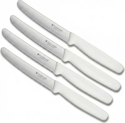 Produktbild von Victorinox Küchenmesser-Set 4 Stück Weiß | 11 cm Klingenlänge | extra scharfer Wellenschliff | Tafelmesser & Küchenmesser | ergonomischer Griff | ideal für Brot Tomaten Obst Gemüse