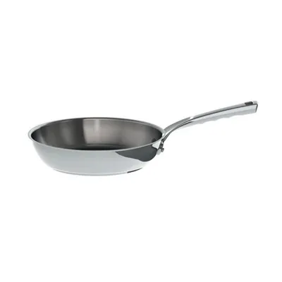 A stainless steel frying pan with a long handle, shown from a side angle against a white background.