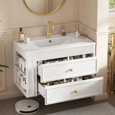 Produktbild von Merax Hochglanz Waschtischunterschrank 81cm mit Keramik-Waschbecken, wandhängend Badschrank mit 2 Schubladen, Ablageregal, Toilettenpapierhalter, Weiß
