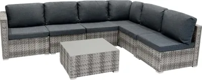 Produktbild von Rattan Modulares Gartenmöbel 7-teiliges Set Marielle Grau, 5-Sitzer Sofa, Eckstühle mit Kissen, Tisch mit Glasplatte, UV-geschützte, waschbare Bezüge, für den Außenbereich, wasserdichte Abdeckung