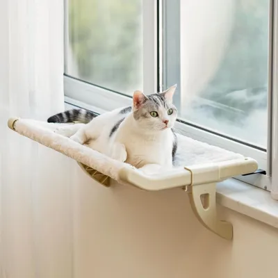 Produktbild von Katzen Hängematte Fenster Katzenbett Fensterbank für Katzen - 59x36cm Katzenbett für Heizung Katzen Hängematte mit Abnehmbarem Bezug Saugnapffrei hält 18kg, Weiß L
