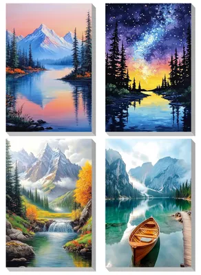 Productafbeelding van Kleurplaten set - 4-delig met lijst - DIY acrylverfset voor volwassenen en kinderen - Berg- en landschapsscène - 40x50 cm