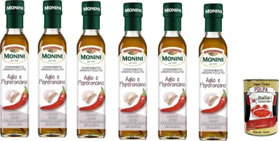 Produktbild von 6x Monini aromatisiertes Knoblauch- und Chili-Gewürz auf der Basis von nativem Olivenöl extra 250 Milliliter + Italian Gourmet polpa 400g
