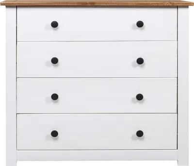 A front view of a white dresser with a wooden top and black knobs.