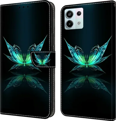 Produktbild von CLM-Tech Handyhülle kompatibel mit Xiaomi Redmi Note 13 Pro 5G Hülle - Tasche aus Kunstleder - Klapphülle mit Ständer und Kartenfächern - Schutzhülle Wallet Case Cover schwarz türkiser Schmetterling
