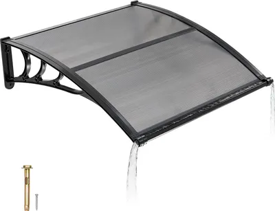 Immagine prodotto di VEVOR Tettoia per porta d'ingresso, 965x1017 mm, tettoia ad arco a sesto acuto, copertura con sistema di drenaggio e supporto in ABS, protezione da pioggia, neve e sole, tettoia in policarbonato per veranda e terrazza, grigio fumo