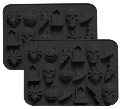Obrázok produktu pre Sada dvoch silikónových foriem na Halloween, 36 priehlbín, motívy: netopyry, tekvice, lebky, farba: čierna