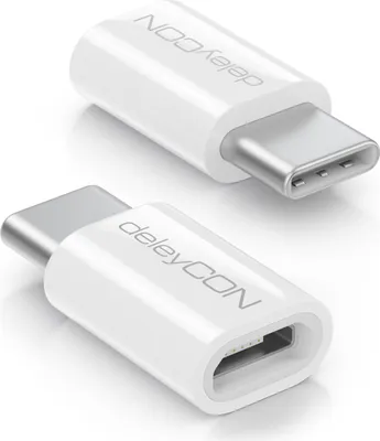 Produktbild von deleyCON 2 Stück USB-C Adapter - Micro USB Buchse zu USB C Stecker - zum Laden & Synchronisieren für Apple Samsung Google Huawei Xiaomi Handy Smartphone Tablet Laptop USB Adapter - Weiß