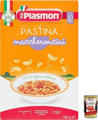 Produktbild von 12x Plasmon Maccheroncini Pastina Infanzia Svezzamento Dai 10 Mesi 340 Grammi + Italian Gourmet polpa 400g